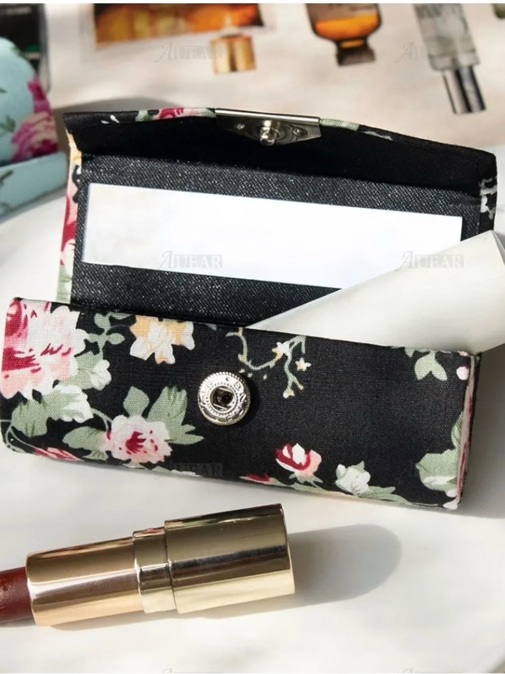 Floral Lipstick Case With Mirror For Purse Travel Holder black floral